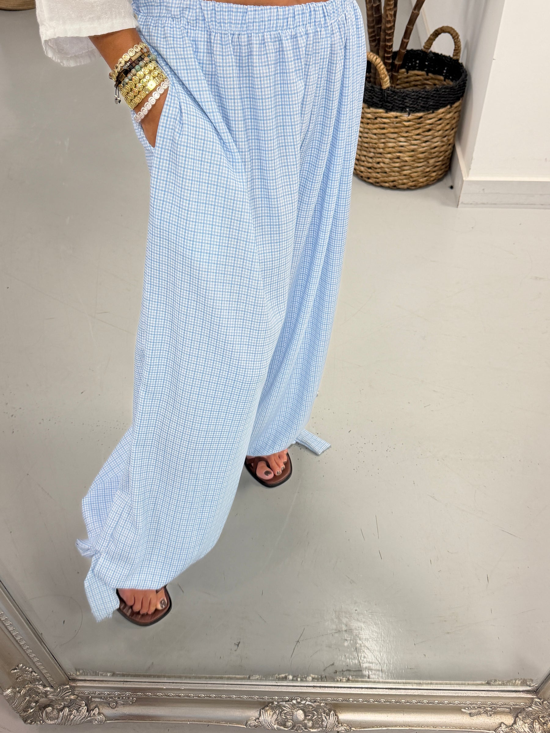 Checked Tie Cuff Trousers -Blue