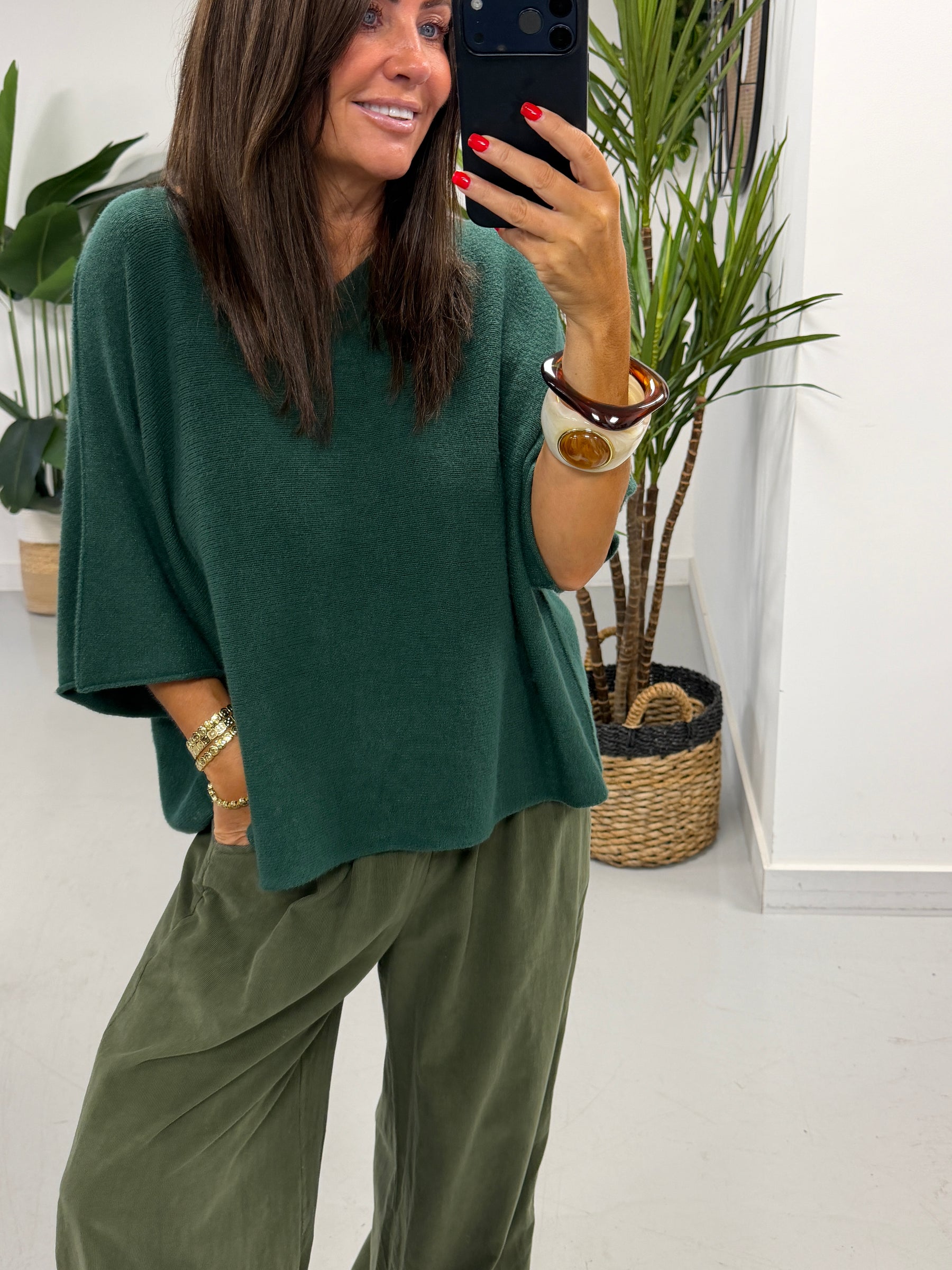 Gracie Crop Sleeve Knit - Forest Green