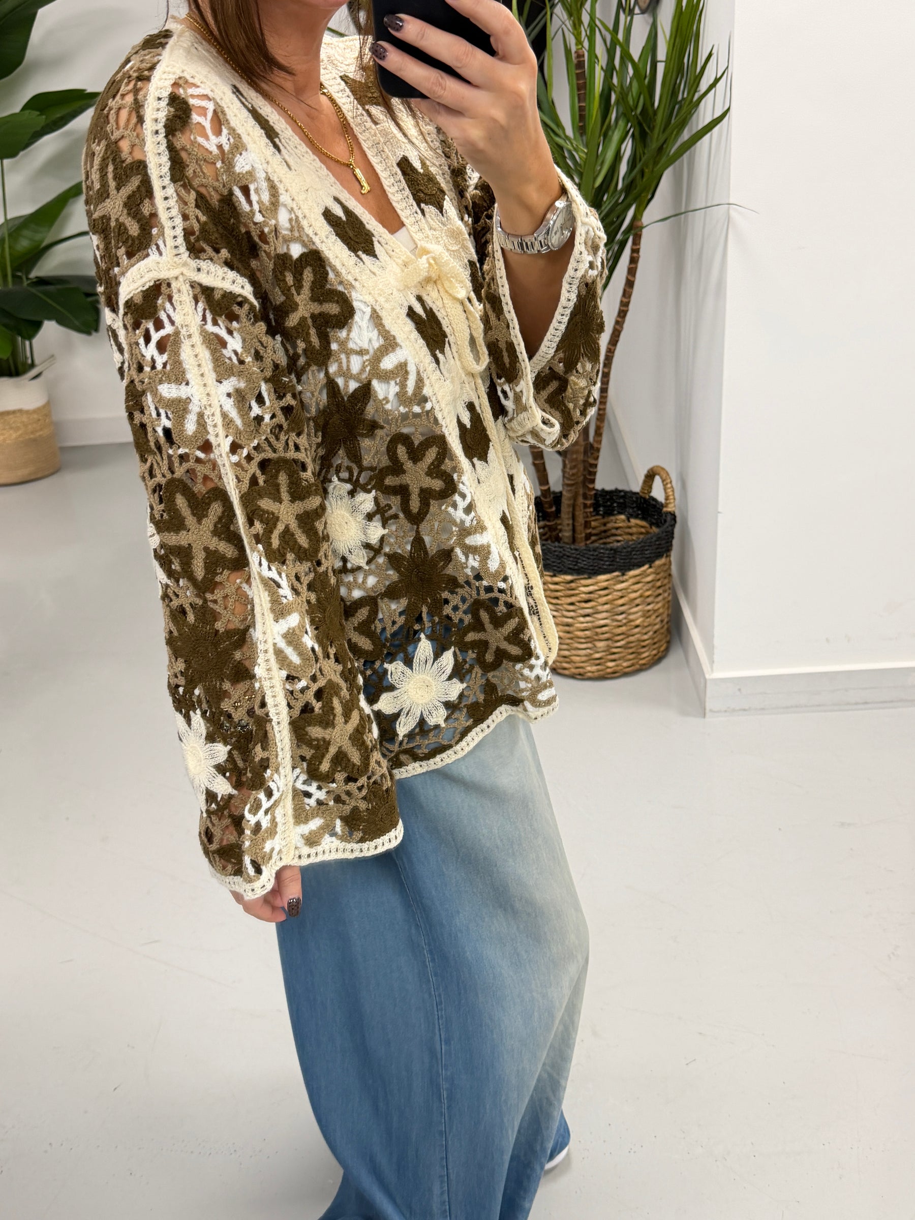 Sorrento Flower Crochet Tie Front Cardigan - Chocolate/Cream