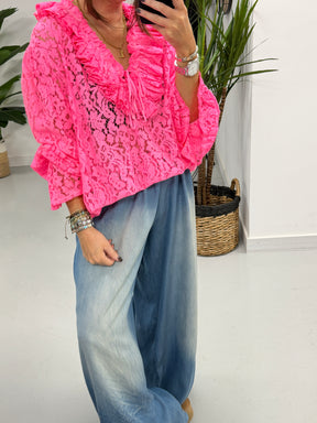 The Lace Ruffle Tie Blouse - Pink