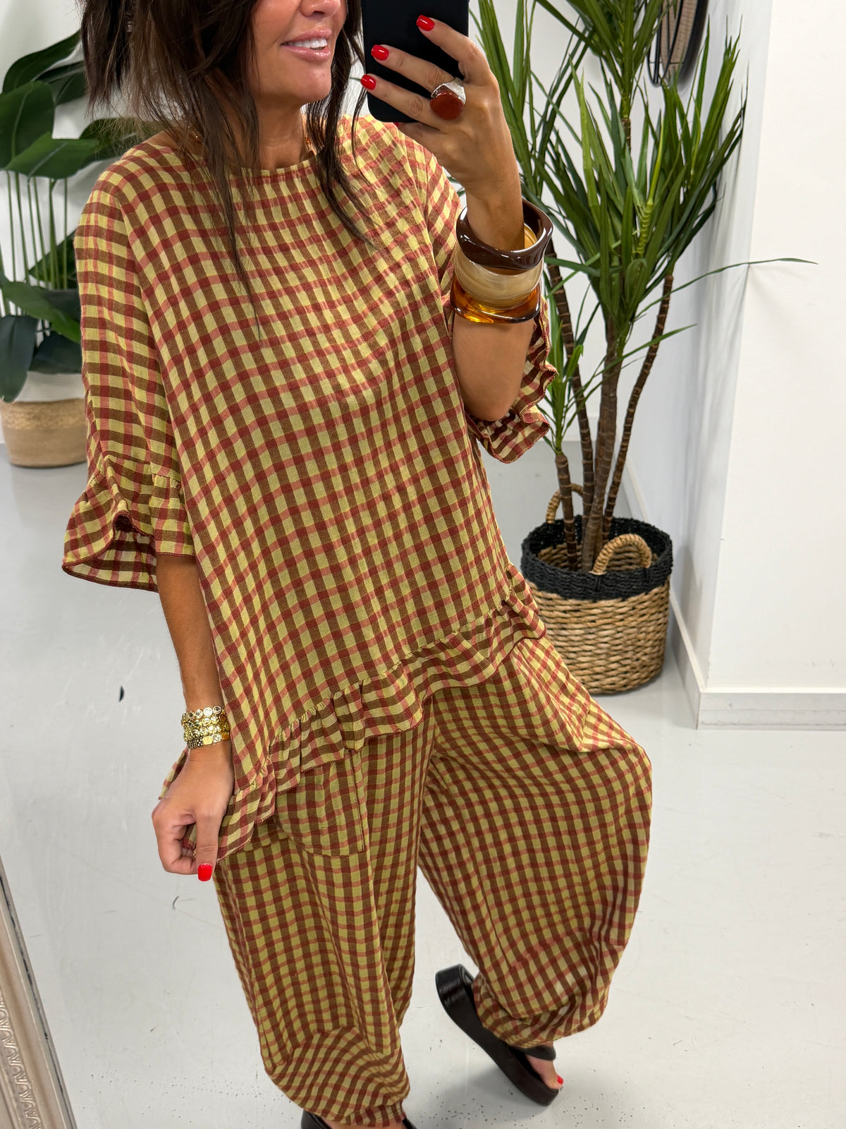 The Autumn Check Ruffle Tunic - Pistachio