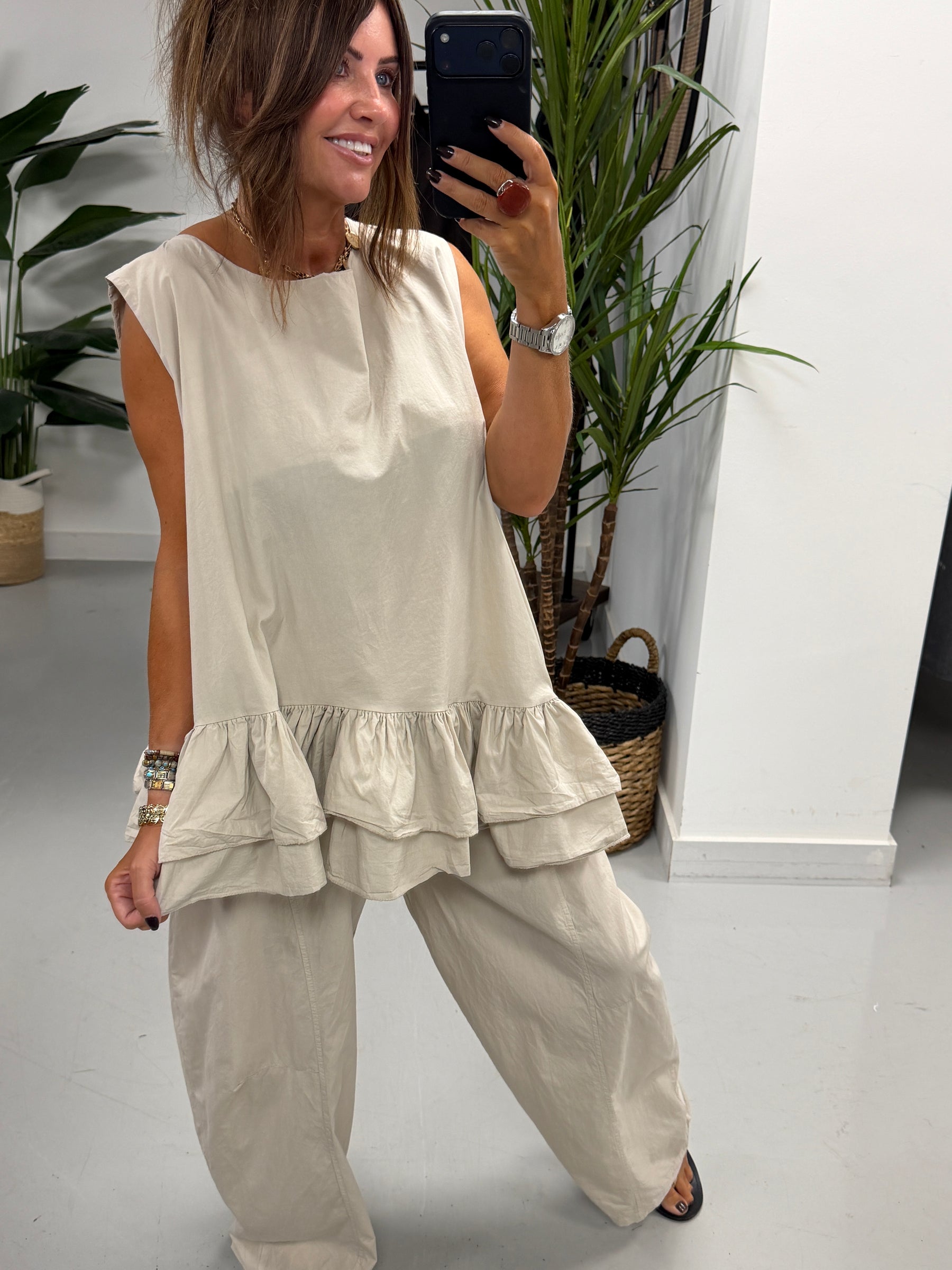 The LuLu Asymmetric Frill Tunic - Stone