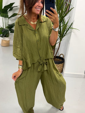 The Crinkle Button Tie Shirt - Khaki
