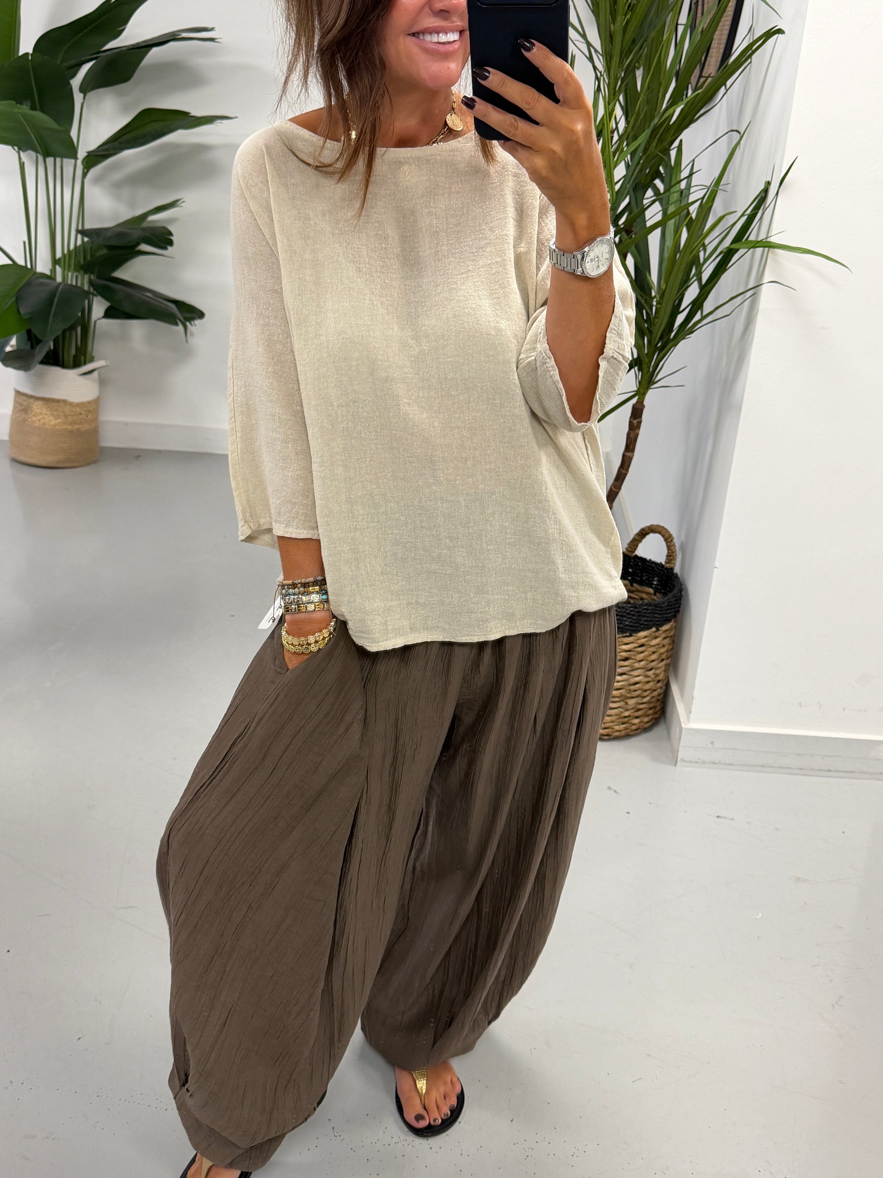 Linen Blend Boxy Top - Cream