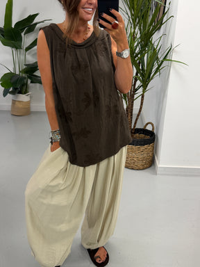 Reverse Collar Embroidered Tunic - Chocolate