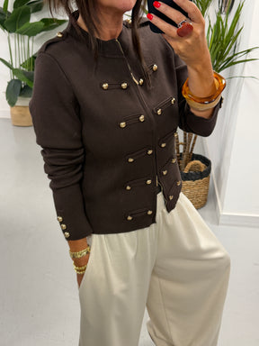 Military Knitted Cardigan - Chocolate