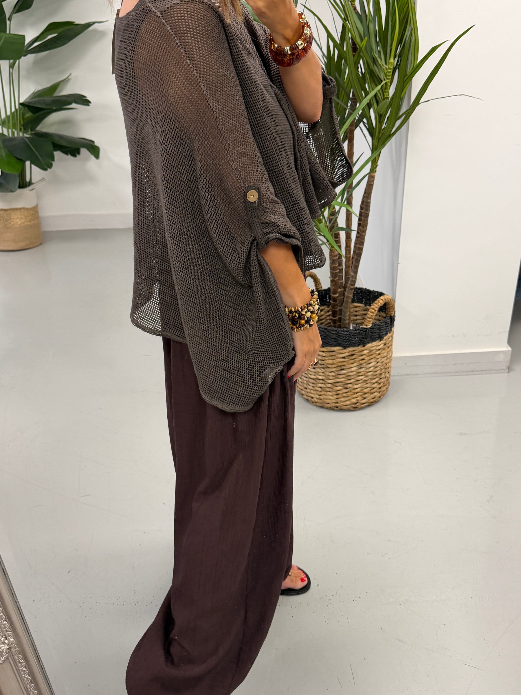 Mesh Button Cardigan - Chocolate