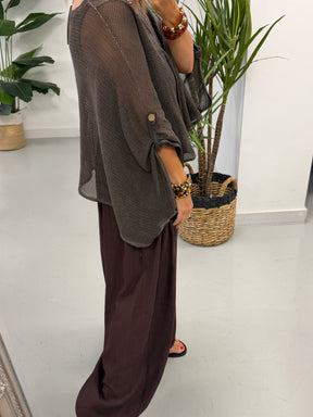 Mesh Button Cardigan - Chocolate