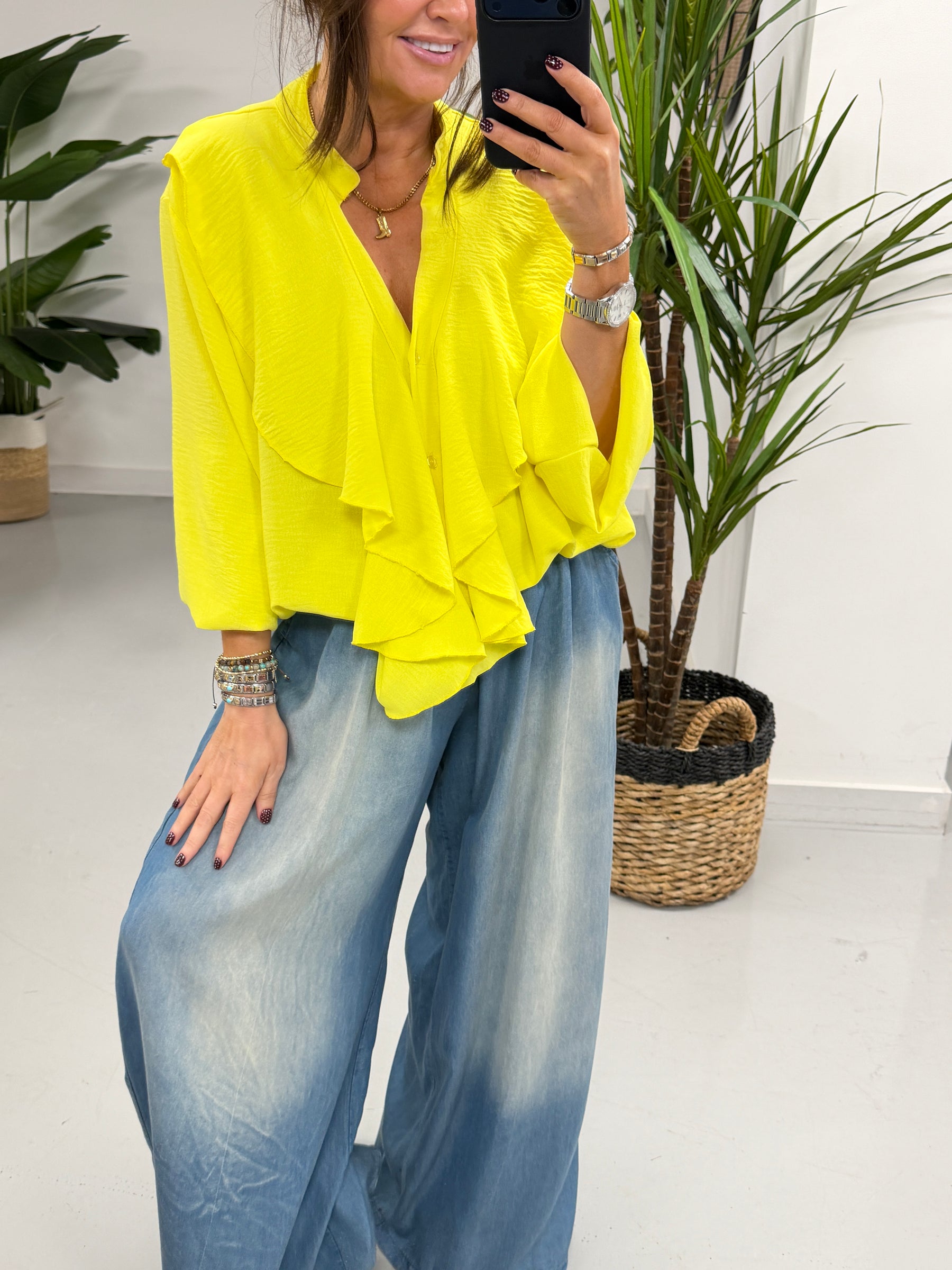 Luna Button Frill Blouse - Yellow