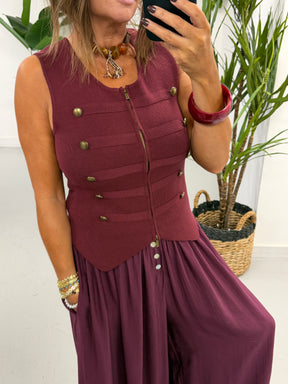 Double Zip Military Waistcoat - Wine