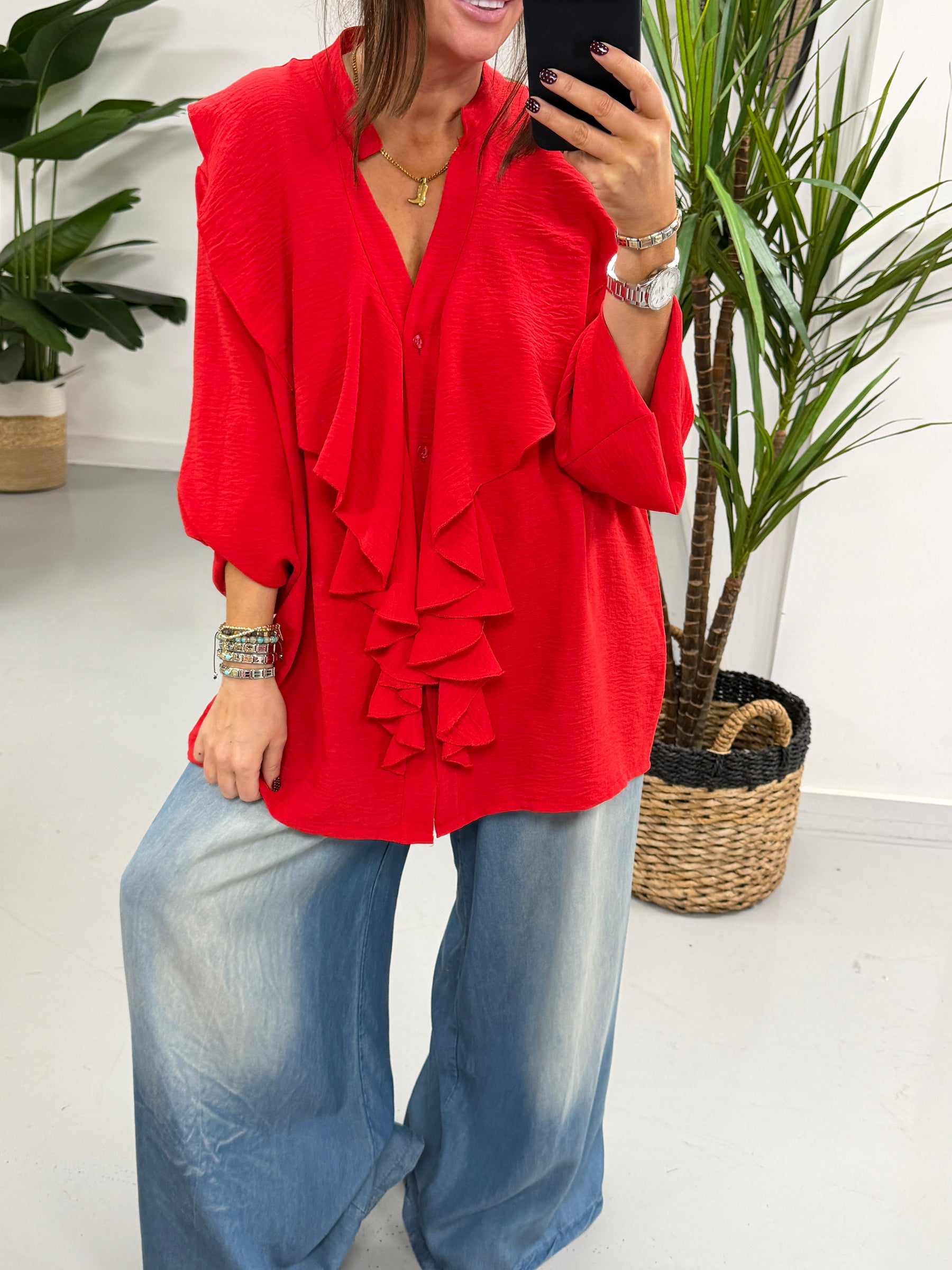 Luna ButtonFrill Blouse - Red