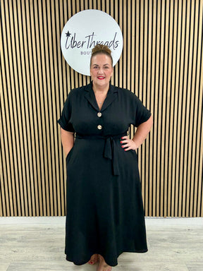 Chunky Button Belted Shirt Dress  - Black