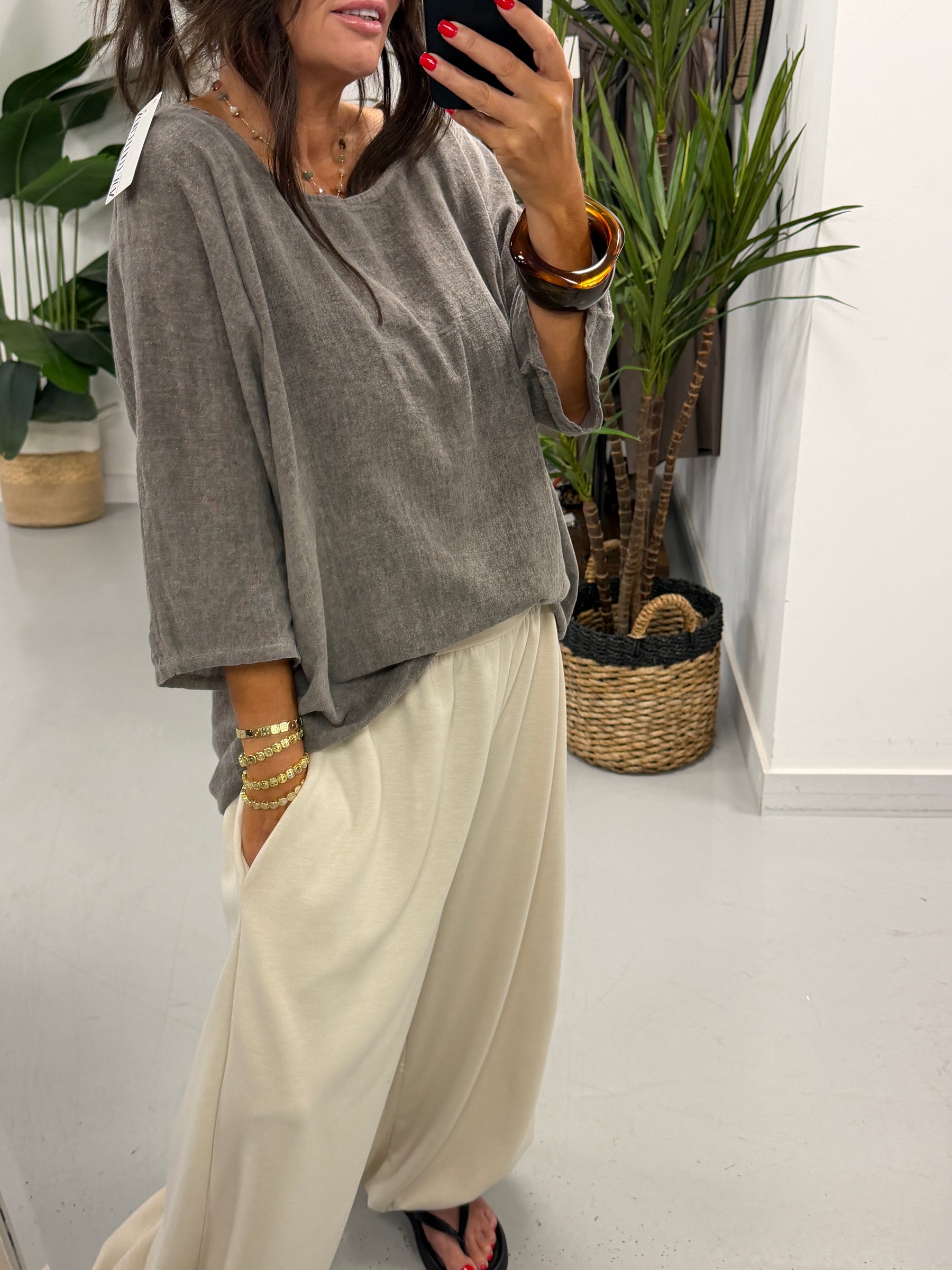 Linen Blend Boxy Top - Pebble