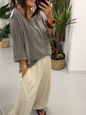 Linen Blend Boxy Top - Pebble