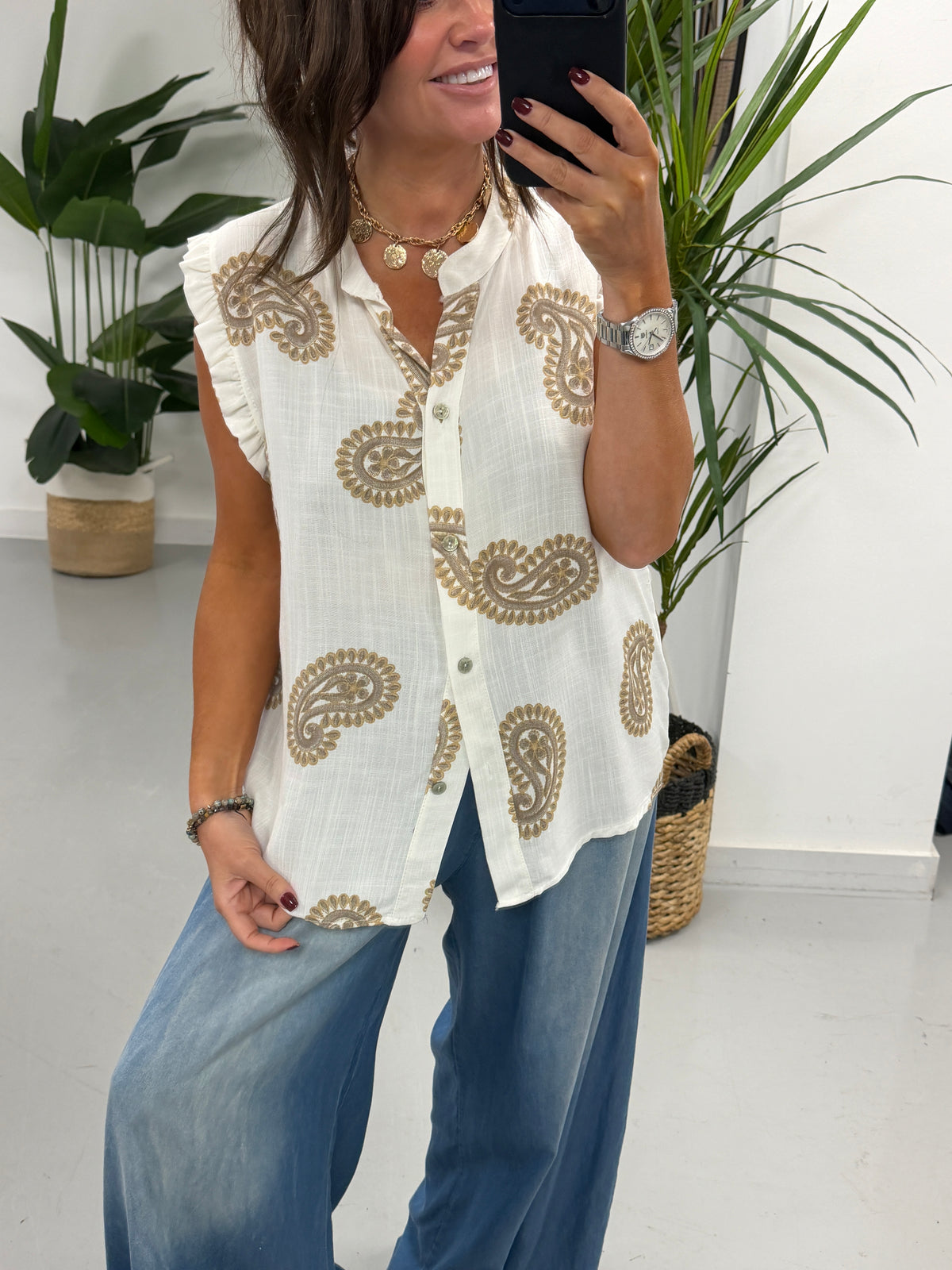 The Paisley Cotton Sleeveless Blouse - Camel