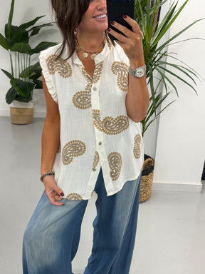 The Paisley Cotton Sleeveless Blouse - Camel