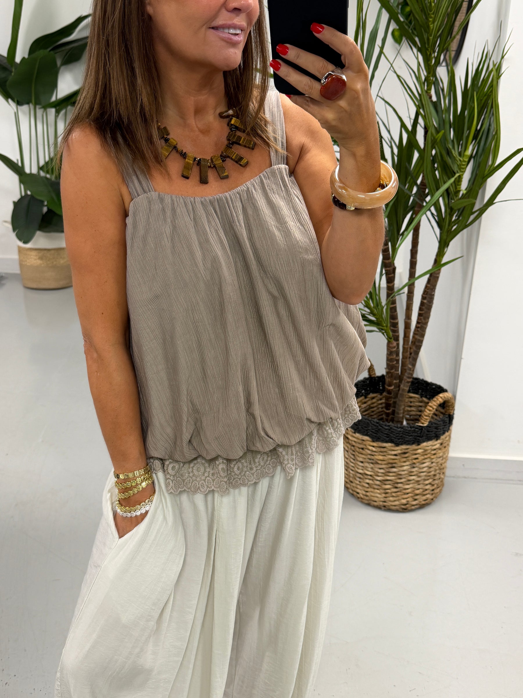 Crinkle Bubble Hem/Lace Cami - Mushroom