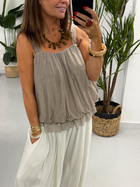 Crinkle Bubble Hem/Lace Cami - Mushroom