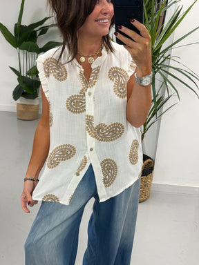 The Paisley Cotton Sleeveless Blouse - Camel
