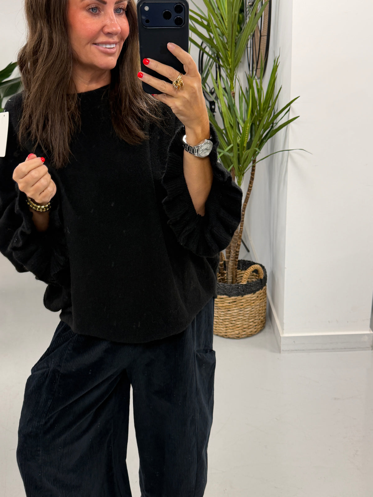 Slouchy Frill Sleeve Knit - Black (Size 12 - 18)
