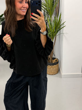 Slouchy Frill Sleeve Knit - Black (Size 12 - 18)