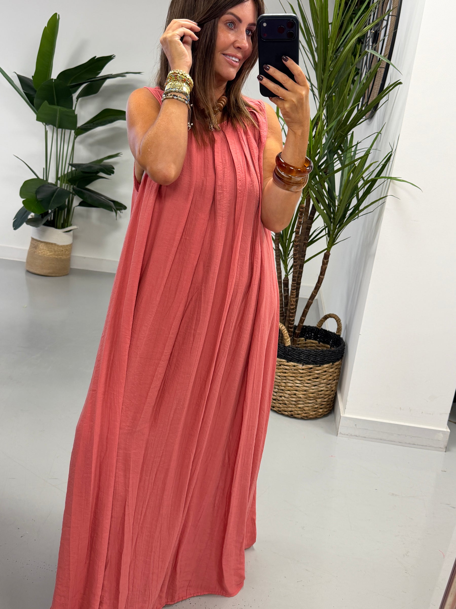 Crinkle Maxi Dress - Coral