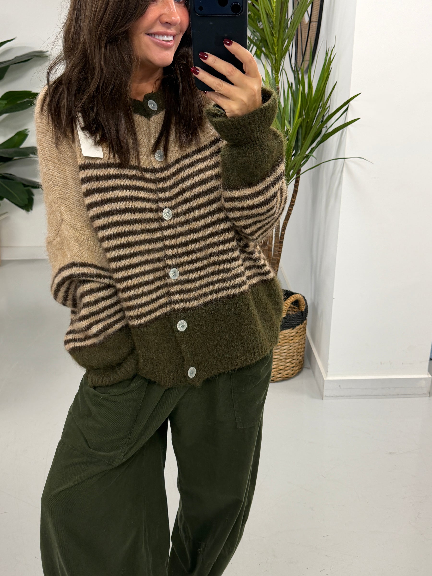 Rustic Stripe Knit Cardigan - Green/Mocha/Chocolate (Size 10-18)