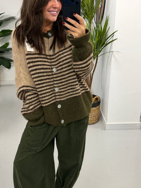 Rustic Stripe Knit Cardigan - Green/Mocha/Chocolate (Size 10-18)