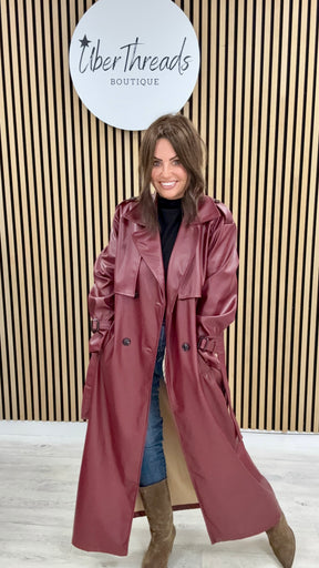 Chelsea PU Trench Coat - Burgandy