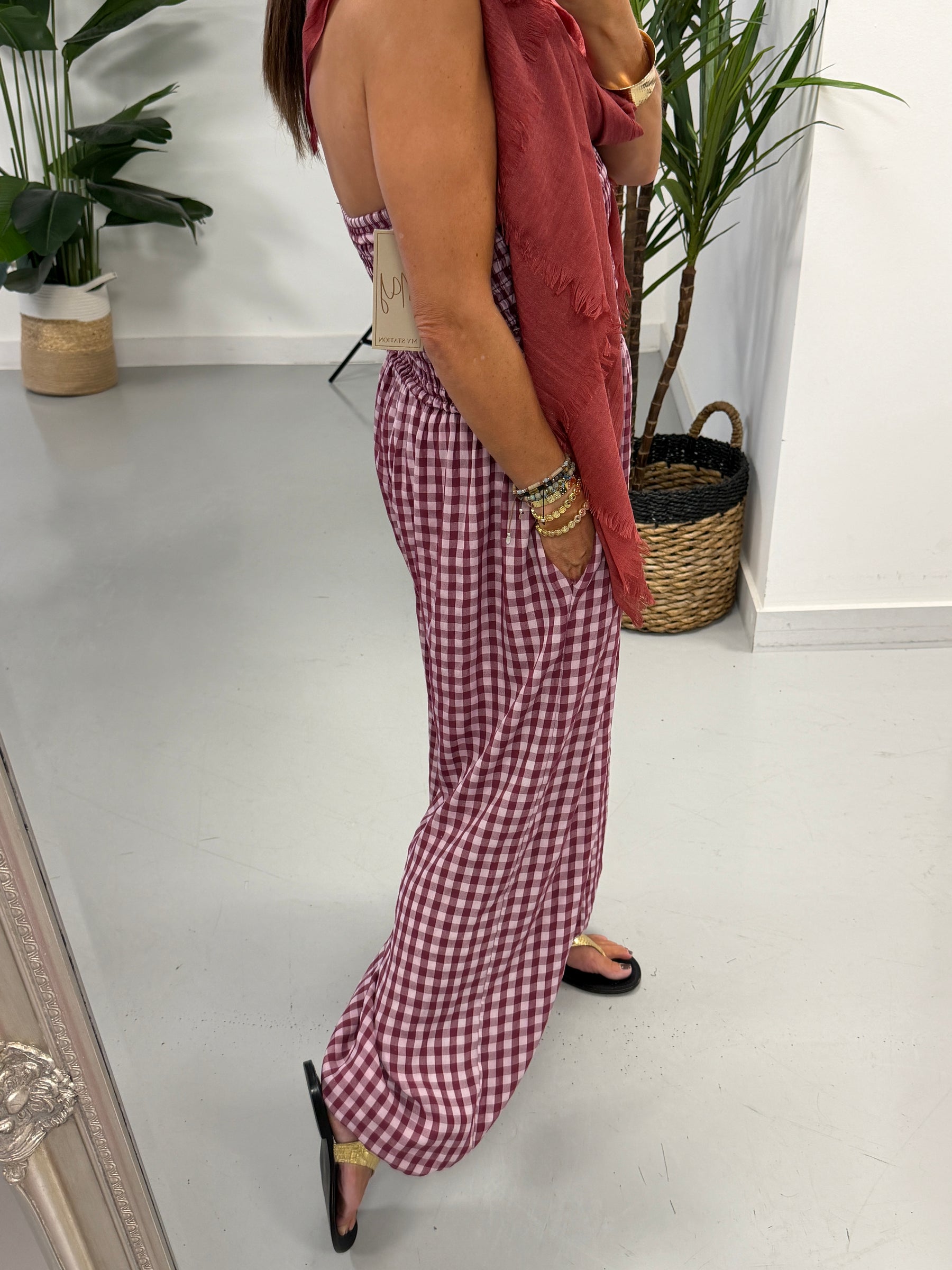 The Vichy Gingham Balloon Leg Jumpsuit - Wine