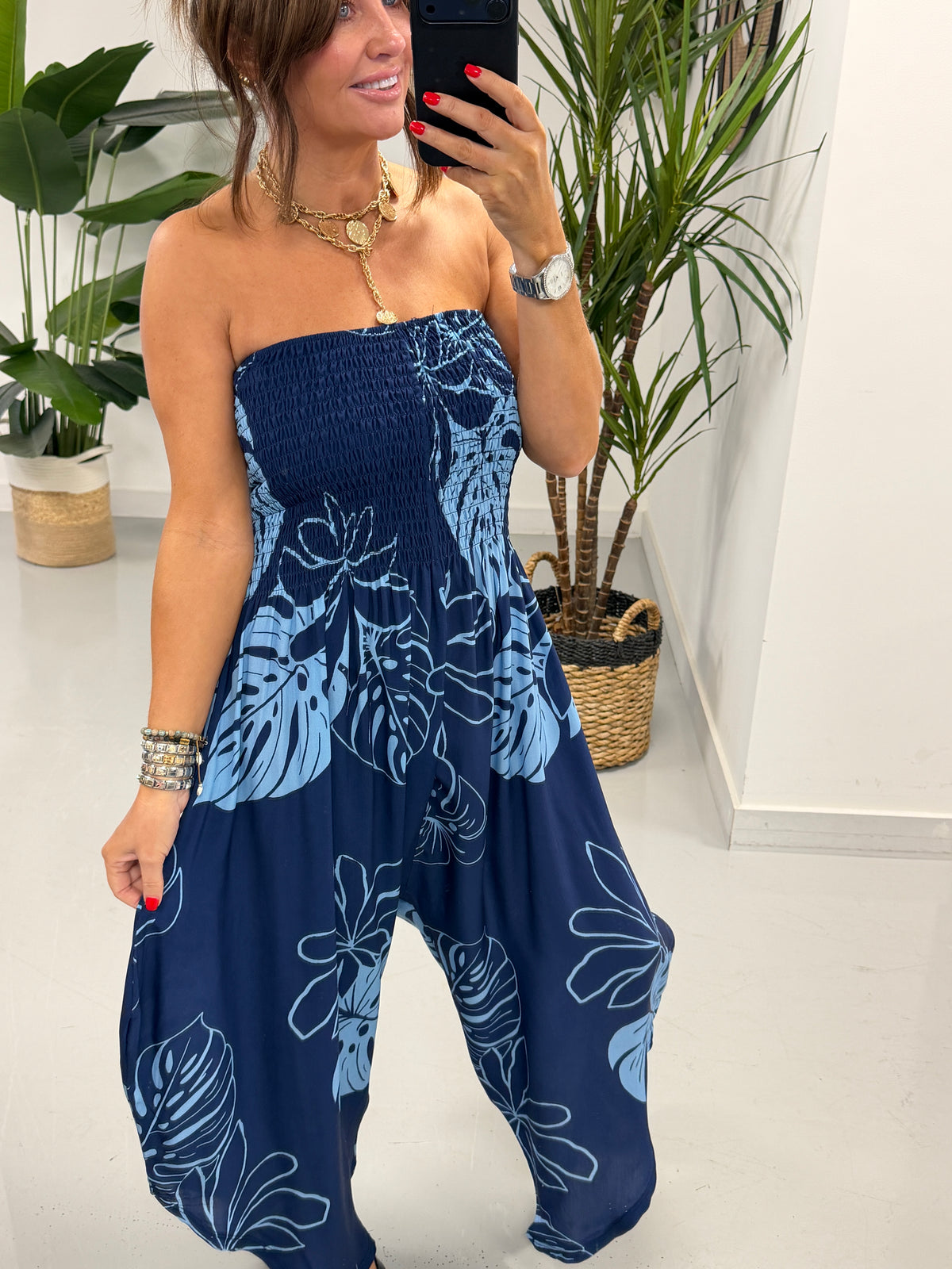 Leaf Bardot Jumpsuit -Blue
