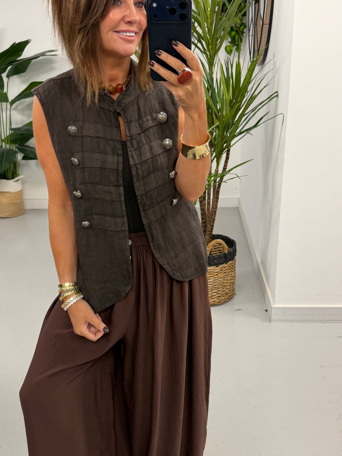 Linen Military Waistcoat - Chocolate