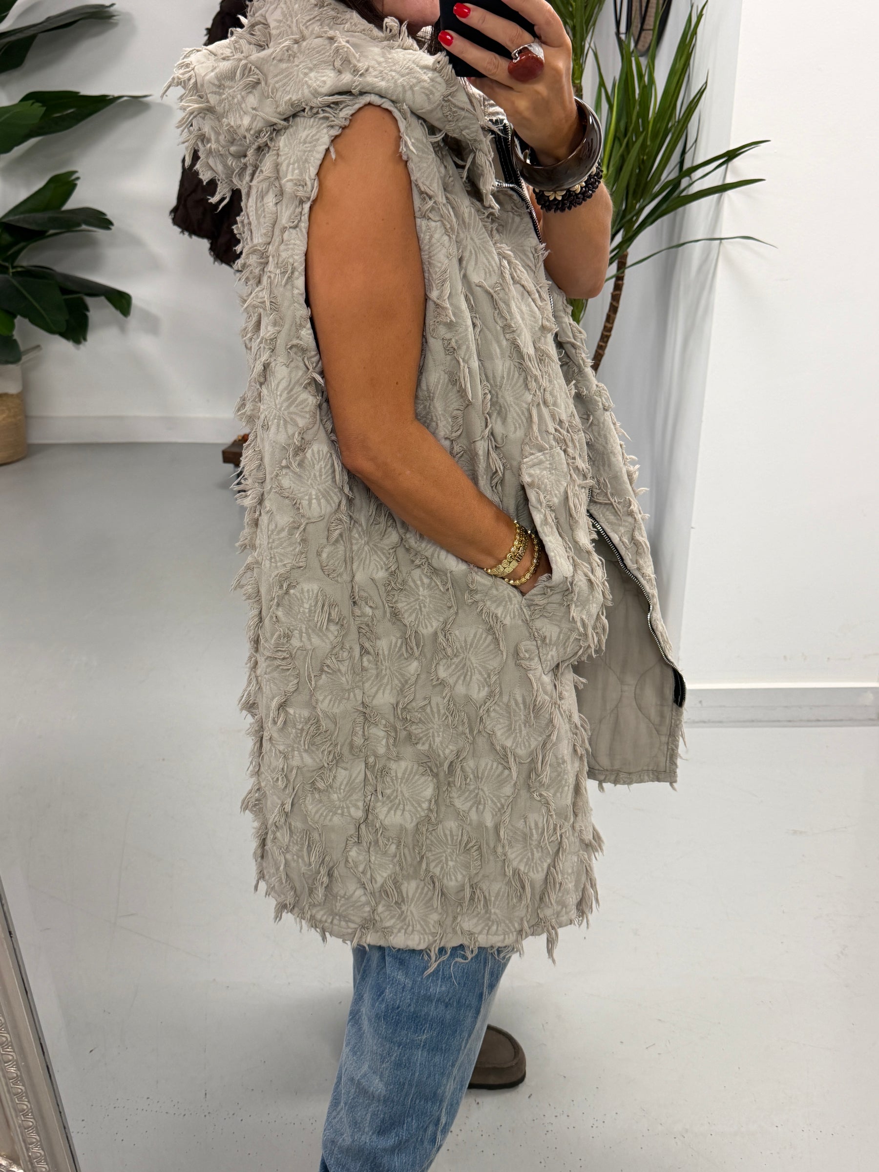 PRE ORDER Shelby Shaggy Hooded Gilet - Stone