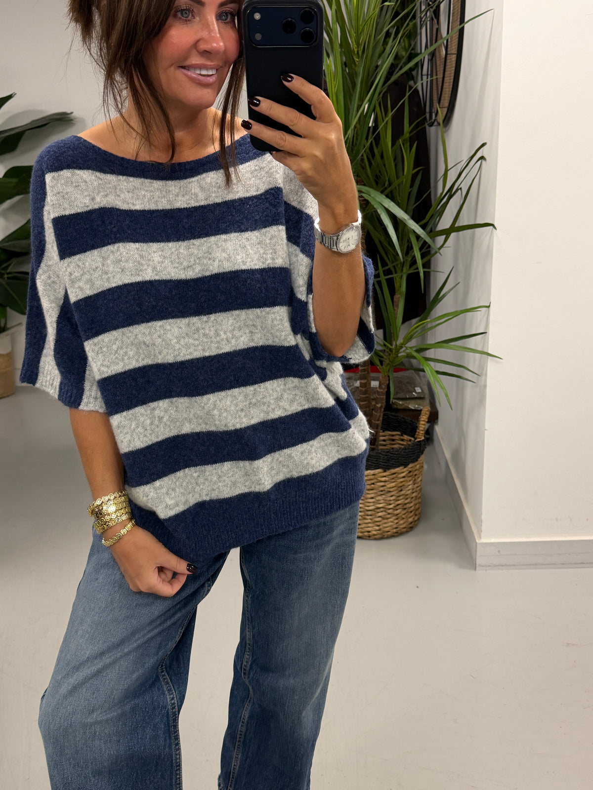 The Boat Neck Stripy Knit - Blue/Grey