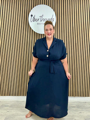 Chunky Button Belted Shirt Dress - Navy