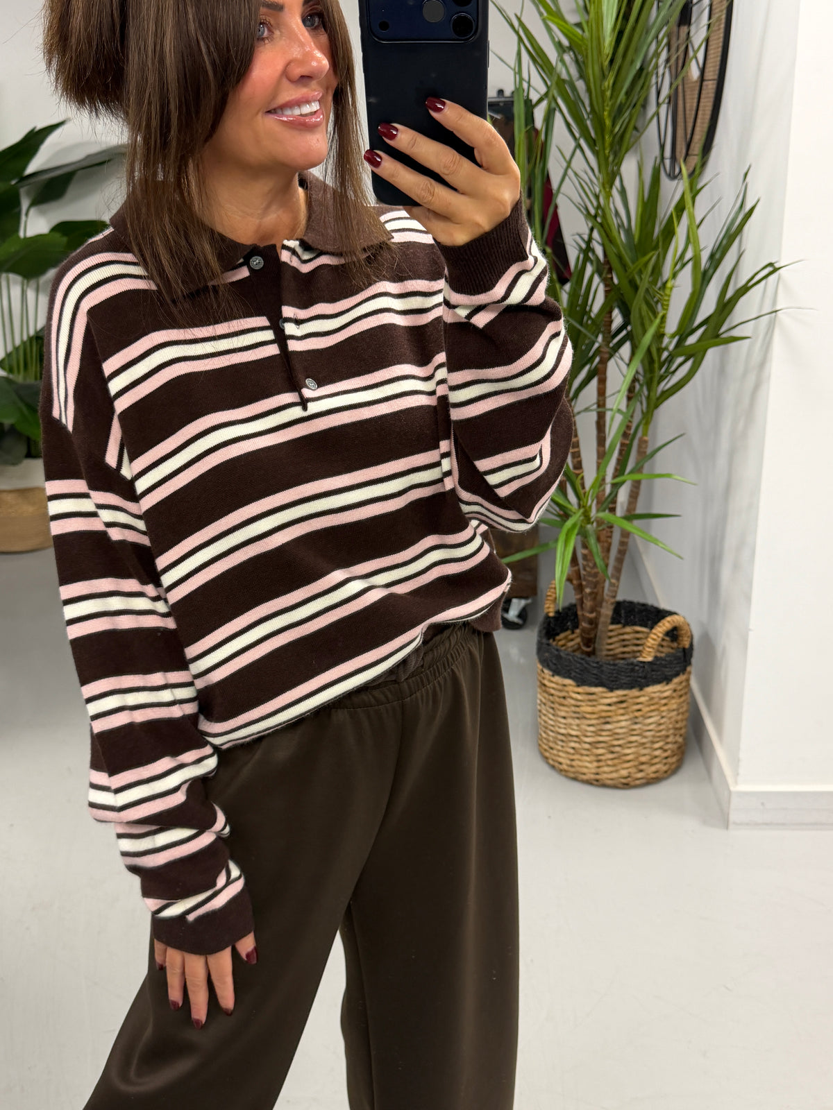 The Button Up Knit - Chocolate/Cream/Pink  (Size 10/12-14/16)