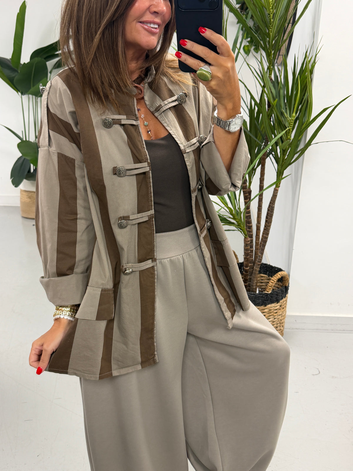 Bailey Wide Stripe Military Jacket - Taupe/Light Choc