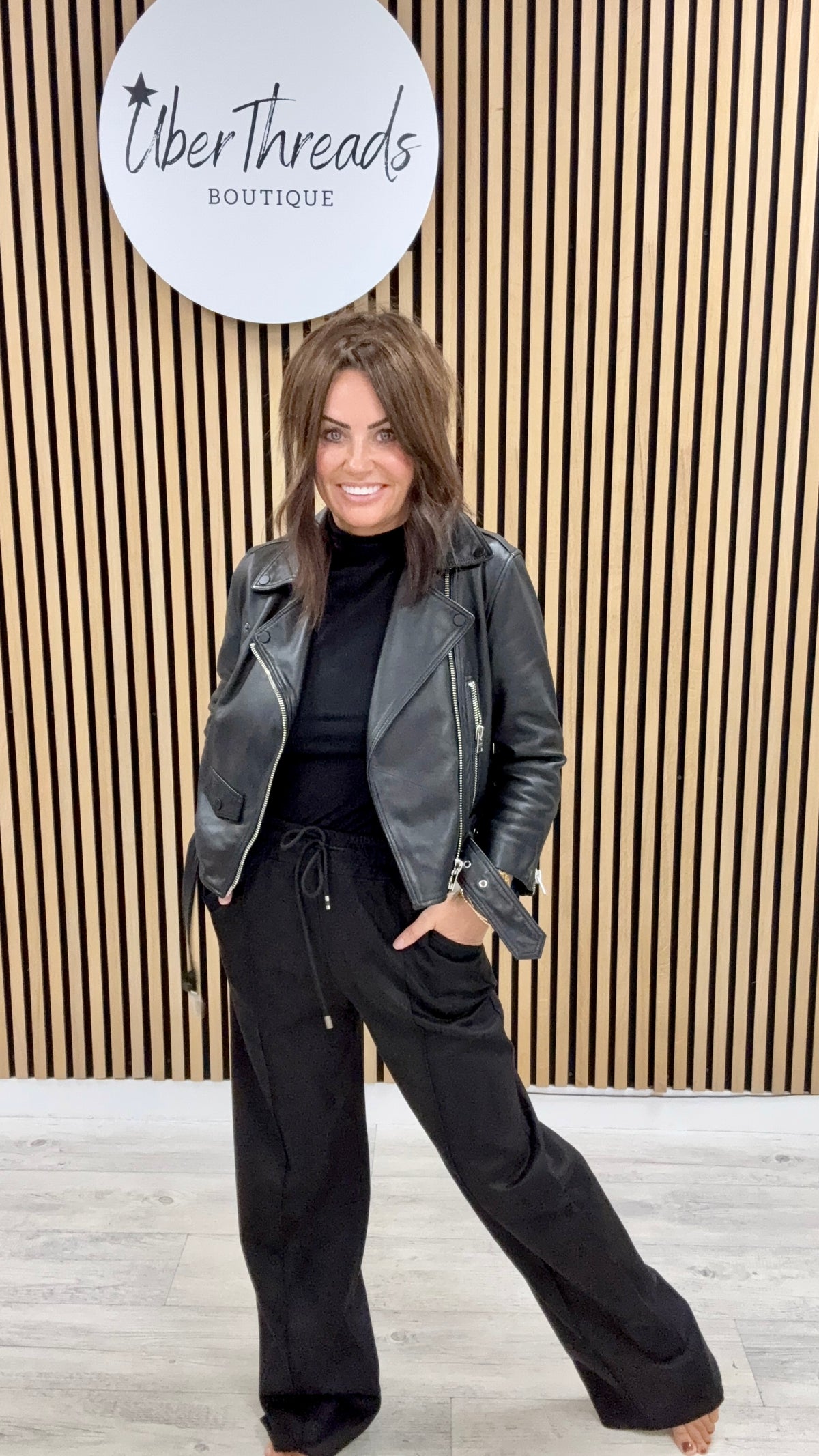 Wide Leg Seam Faux Suede Jogger (STD) - Black