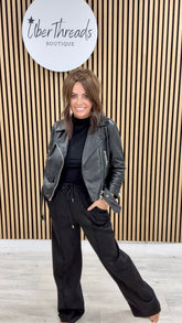 Wide Leg Seam Faux Suede Jogger (STD) - Black