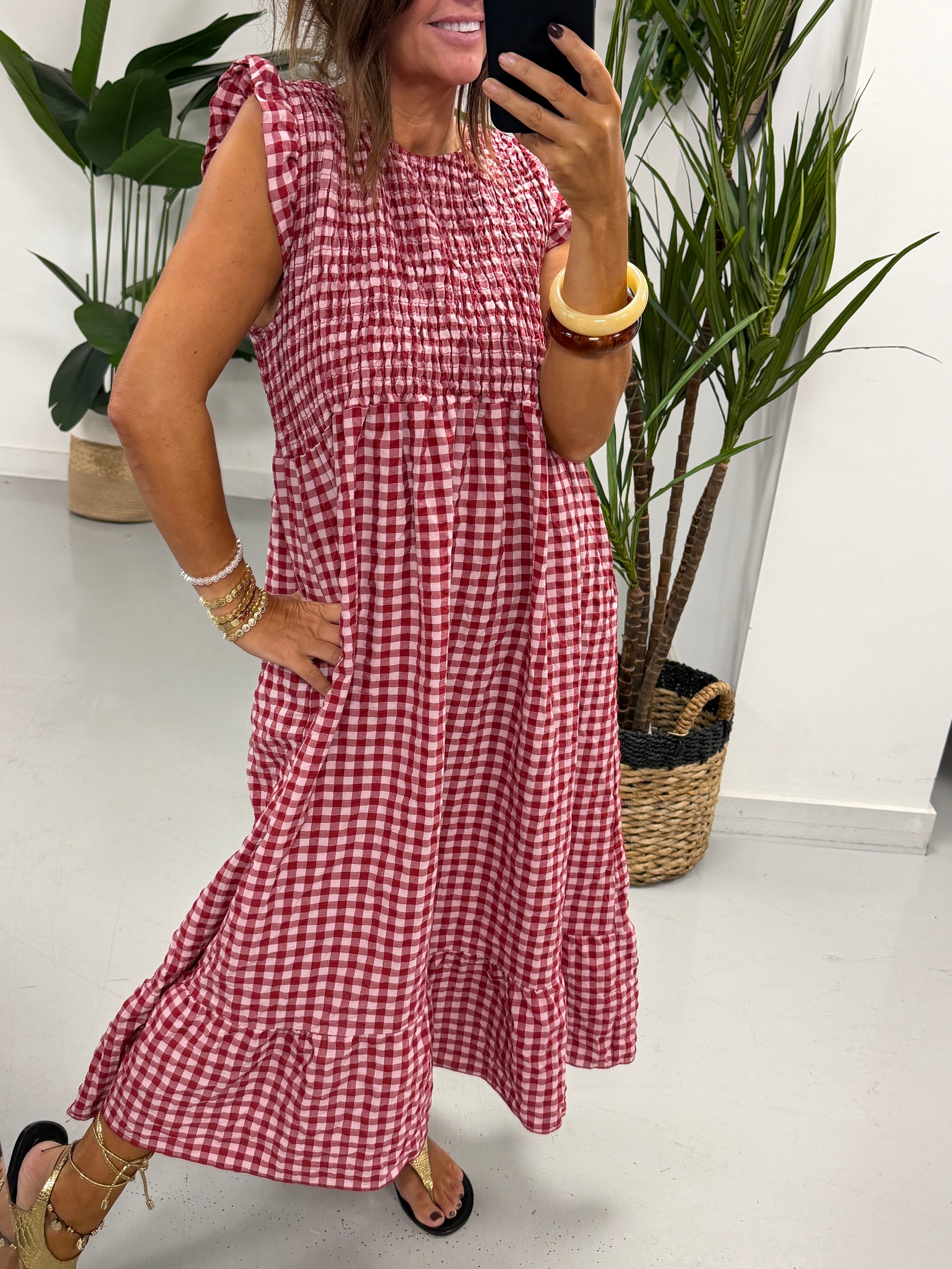 Gingham Midaxi Dress Dress - Wine