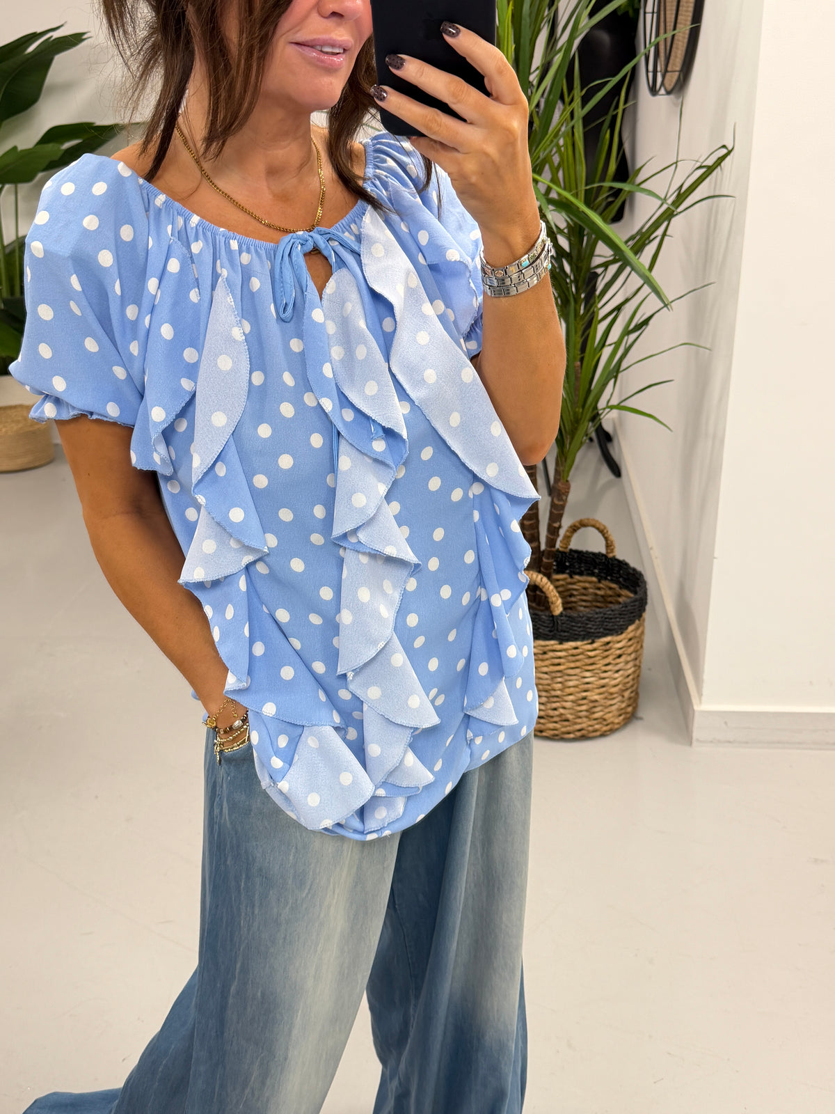 Spot of Summer Waterfall Blouse - Baby Blue