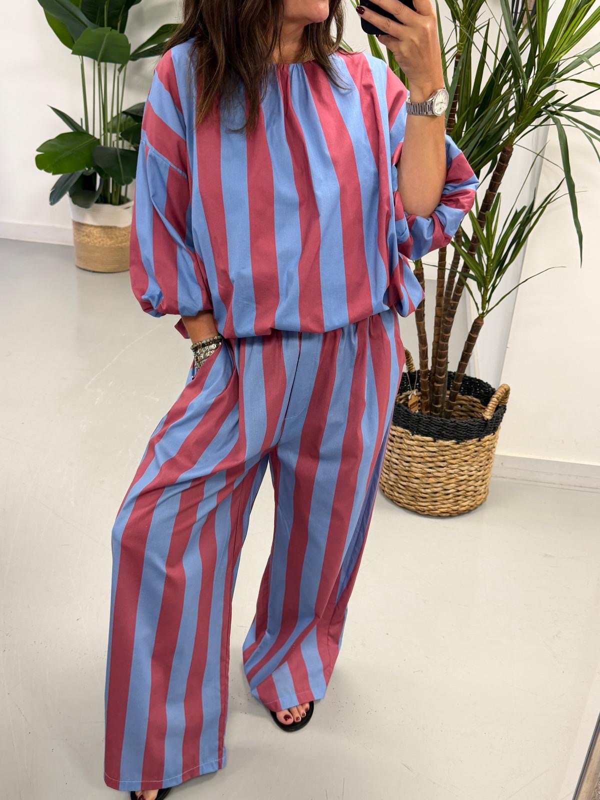 Sugar Rush Barrel Stripe Trousers - Denim/Raspberry