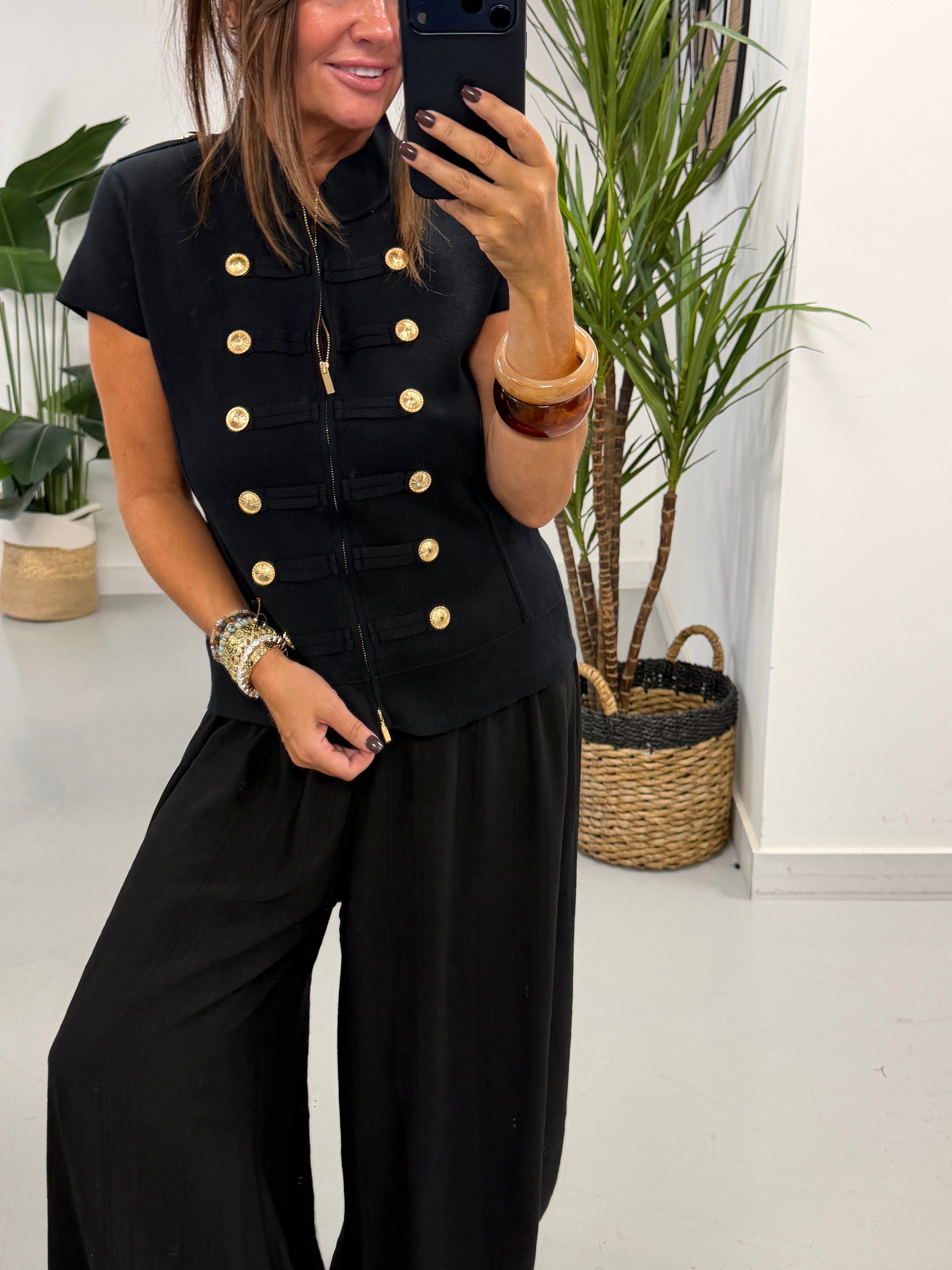 Capped Sleeve Military Waistcoat - Black