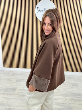 Faux Fur Sleeve Swing Jacket - Chocolate