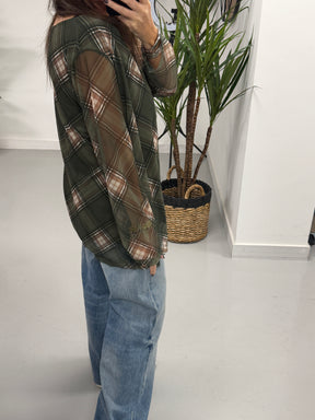 Layered Tartan Mesh Top - Khaki