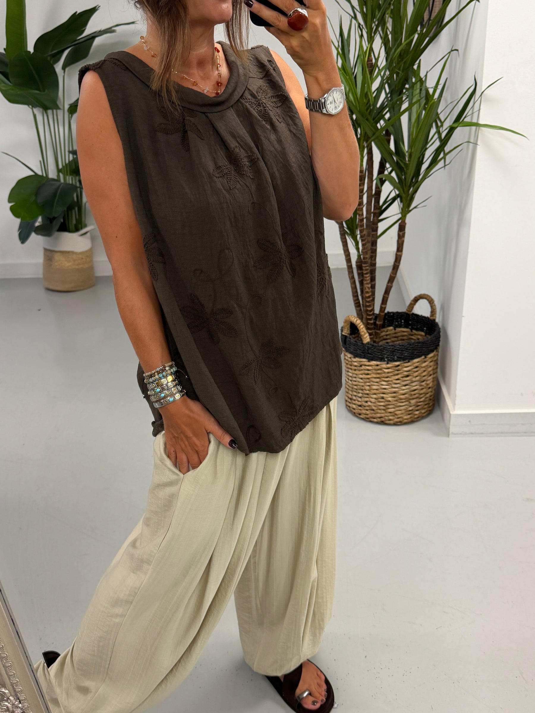 Reverse Collar Embroidered Tunic - Chocolate