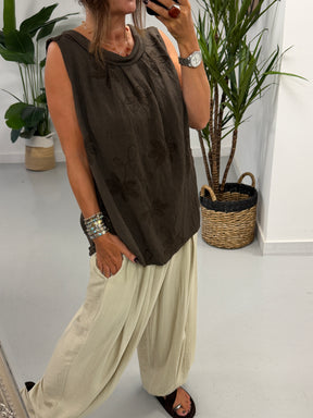 Reverse Collar Embroidered Tunic - Chocolate