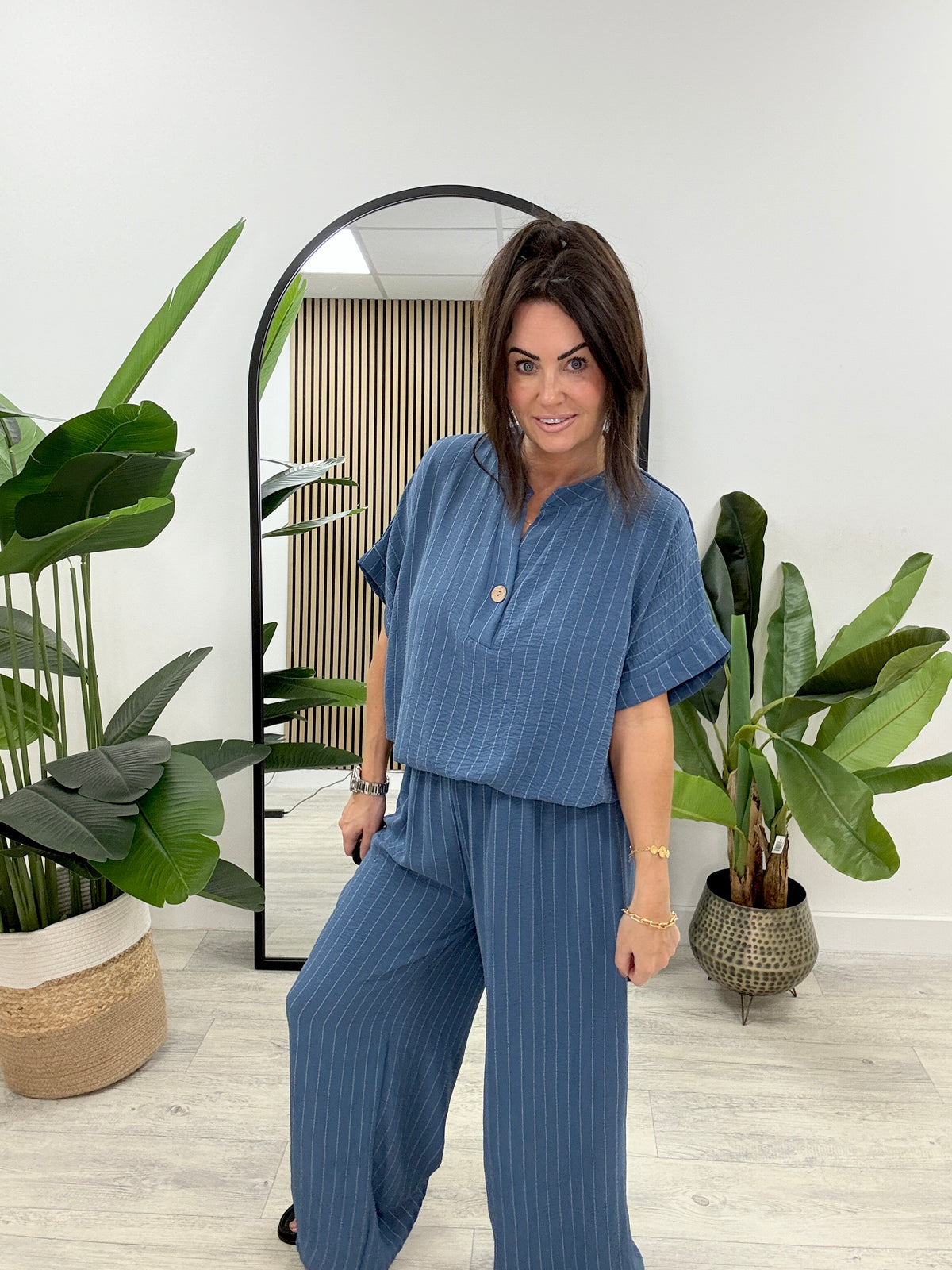 Brinley Button Pinstripe Co-Ord - Denim Blue