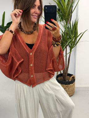 Mesh Button Cardigan - Rust