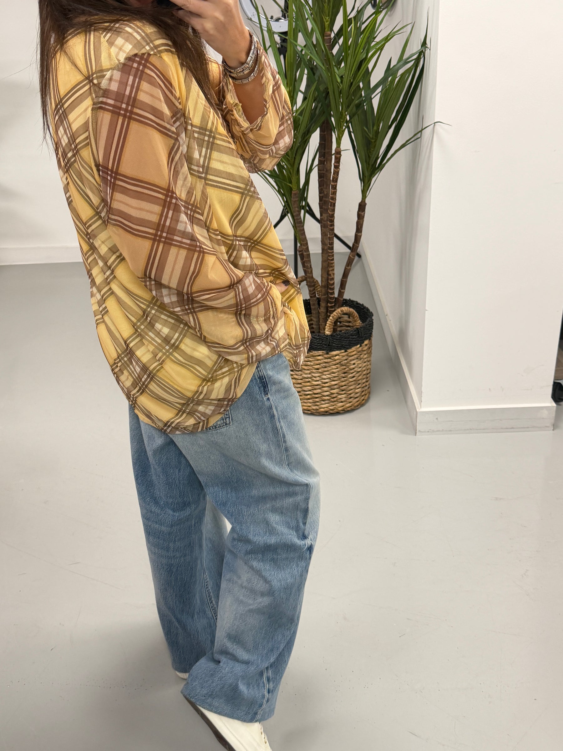 Layered Tartan Mesh Top - Lemon